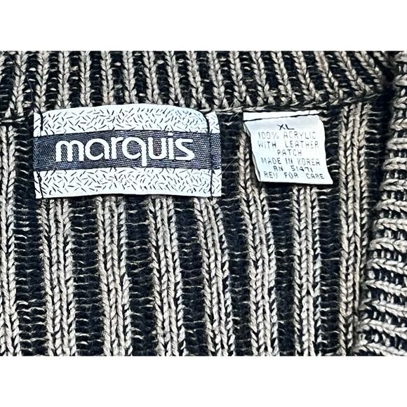 Vintage 90s Marquis Cardigan Sweater Patchwork Leather Grunge Rock XL Korea - Picture 5 of 5